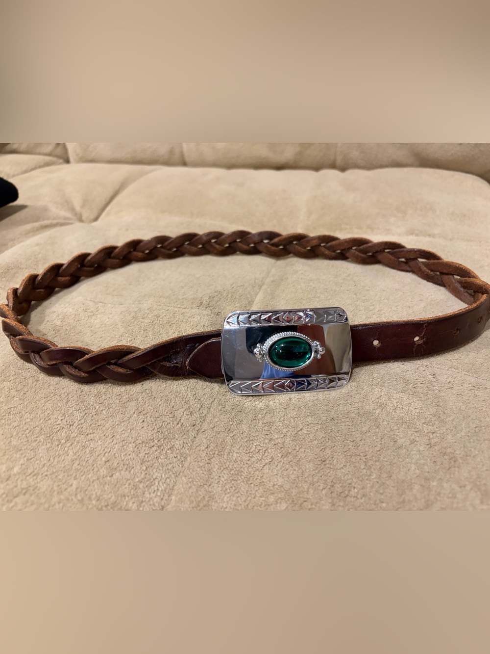 Vintage Brown Braided Leather Belt w/ Silver Tone Green Stone Western Buckle